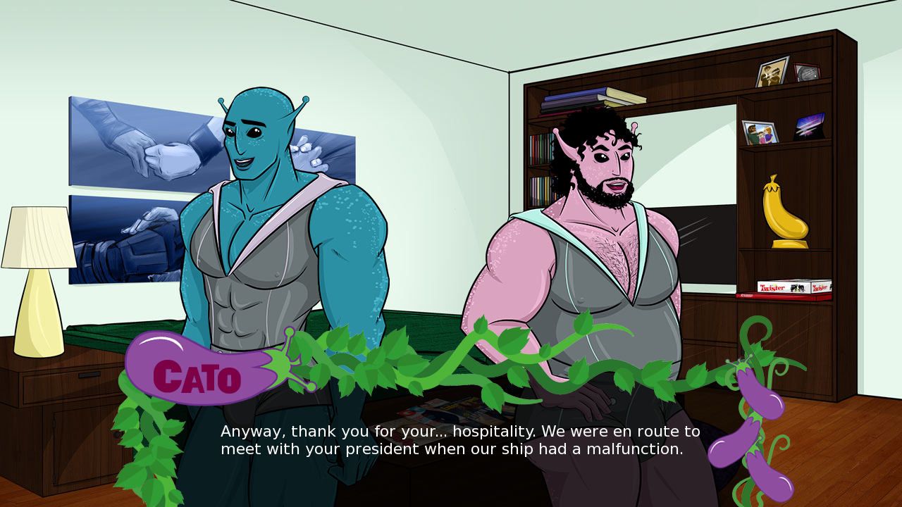 Two masculine alien characters look to camera. A dialogue box with an eggplant border is below, showing a person called 'Cato' saying 'Anyway, thank you for your... hospitality. We were en route to meet with your president when our ship had a malfunction.
